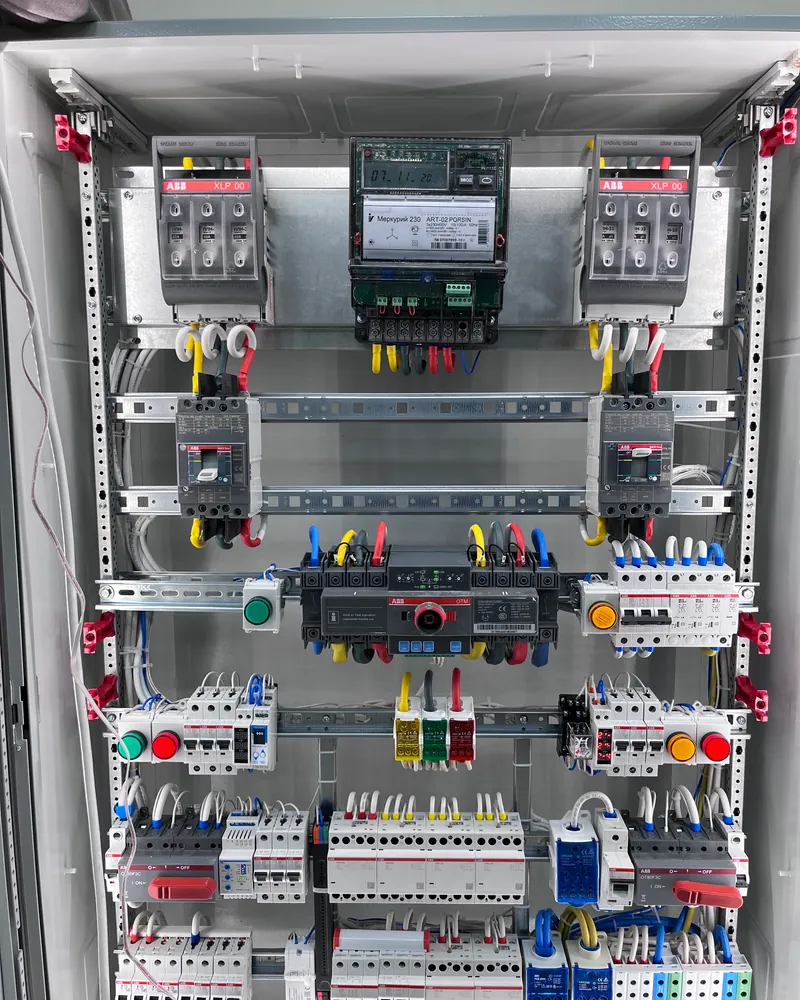 Собранный трёхфазный щит: счётчик Меркурий 230, рубильники ABB XLP 00, АВР и группы автоматов